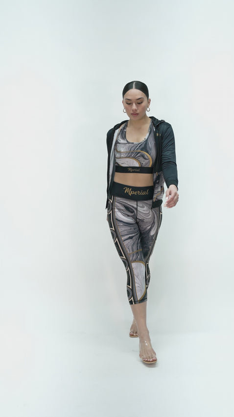 Model is 5'7 150lbs wearing size small leggings and medium tops