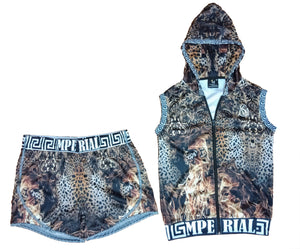 Women's Leopard on Fire Sleeveless Zip Up Hoodie and Short Set